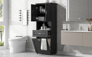English Elm Tall Bathroom Cabinet with Tilt-Out Laundry Hamper, Adjustable Shelves, Anti-Tip Design & Large Storage Black WF323481AAB