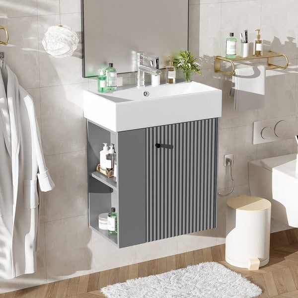 English Elm 21.6" Modern Floating Bathroom Vanity With Ceramic Sink & Open Shelving - Space-Saving Design! N729P170390E