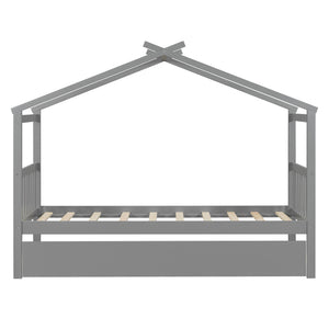 English Elm Twin House Bed Solid Pine Cottage Frame with Pull Out Trundle for Kids Bedroom Gray N708P309238E