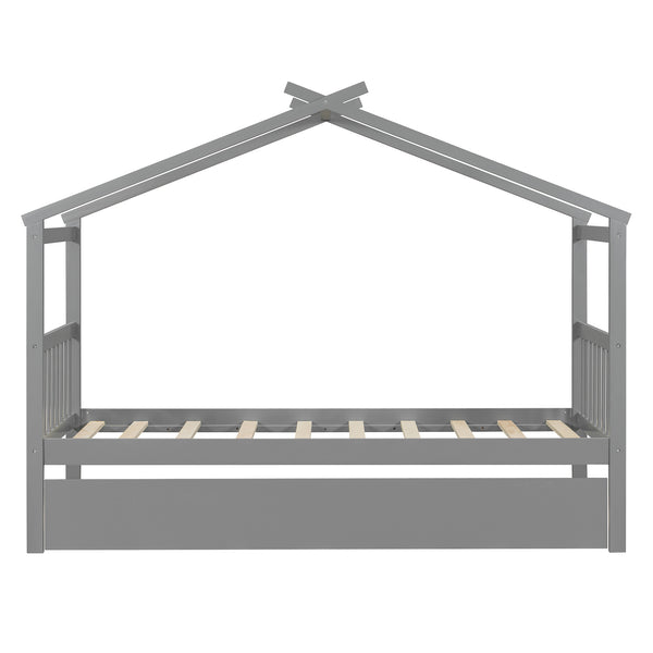 English Elm Twin House Bed Solid Pine Cottage Frame with Pull Out Trundle for Kids Bedroom Gray N708P309238E