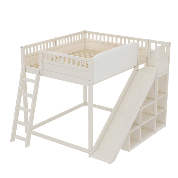 English Elm Queen Loft Bed with Upholstered Headboard Built-in Slide and Open Storage Shelves Beige W1580S00307