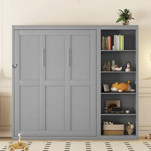 English Elm Queen Murphy Wall Bed with Side Shelving Folds Flush Into Mdf Cabinet for Studio Rooms Gray LP000697AAE-2