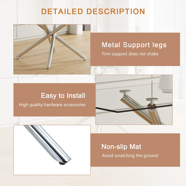 English Elm Table Modern Luxurious Glass Dining Set With 4 Stylish Black Pu Chairs And Silver Metal Legs W1151S04127-GIGA