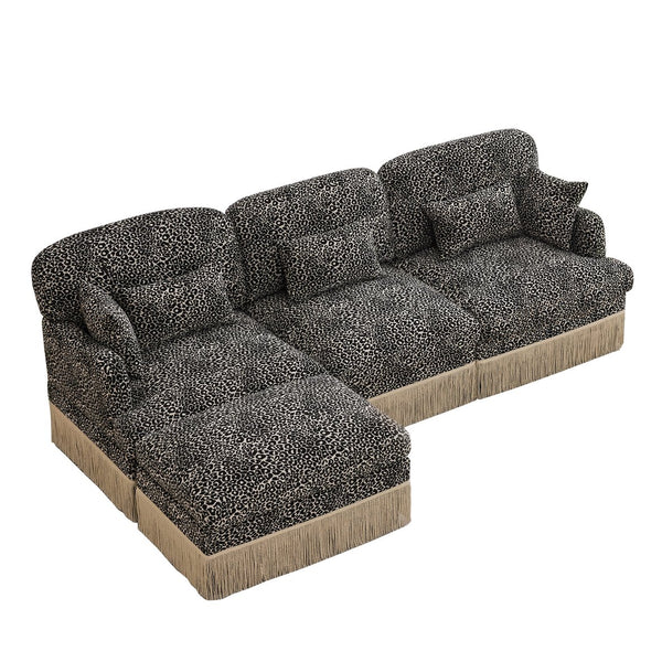 English Elm 100"comfy Chenille Leopard Print Sectional Sofa with Tassel Trim and Movable Ottoman Khaki W5656S00023