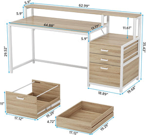 English Elm Sturdy Two-tier Computer Desk with File Cabinet and Monitor Riser for Home Office Natural,White T3971P450935