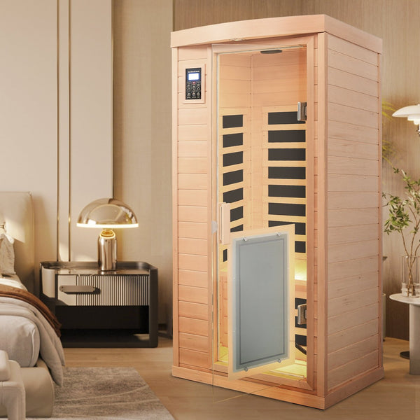 English Elm Low Emf Hemlock Wood Far Infrared Single Sauna with Glass Door and Bluetooth Audio W632S00028