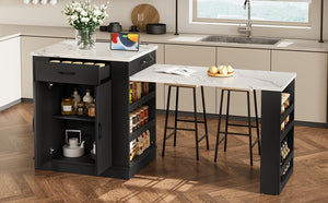 English Elm Extendable Kitchen Island Console with Open Shelving Drawers and Cabinet in Matte Black W1580S00274