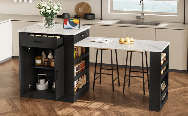 English Elm Extendable Kitchen Island Console with Open Shelving Drawers and Cabinet in Matte Black W1580S00274