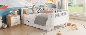 English Elm Twin Solid Wood Platform Bed with Guardrail for Kids, Low-Profile Sturdy Pine Frame, Safe Sleep Solution White 69.69 L x 18.5 W x 7.68 H W2593P331678