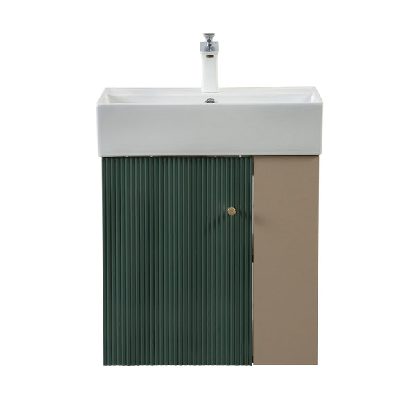 English Elm 21.6" Wall Mounted Sage Green Vanity Base with Open Right Shelf and Gold Hardware W1920P446815