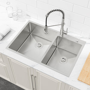 English Elm 33"x19" Handcrafted Stainless Steel Double Bowl Overmount Kitchen Sink Satin Finish T3177P296190
