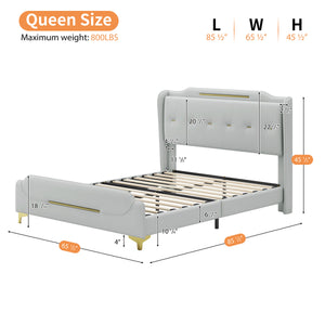 English Elm Christopher Knight Home® - Queen PU Leather Bed with Wingback Headboard & Footboard, Gold Accent Platform, 12 Slats, Sturdy Support Grey 64 L x 21 W x 9.25 H N761P205938H