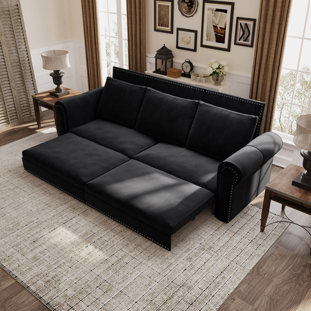 English Elm Chesterfield Velvet King Sleeper Sofa with Nailhead Trim and Rolled Arms for Living Room W1885S00314