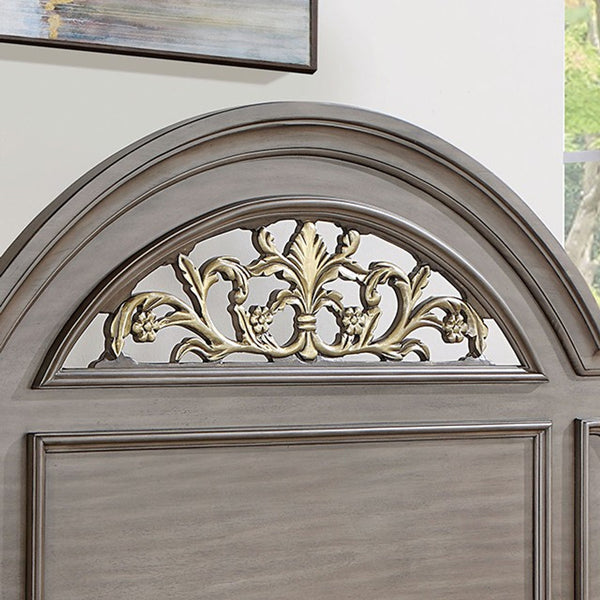English Elm Queen Panel Bed with Floral Paneled Headboard and Antique Brass Accents, Elegant Contemporary Design Gray 67 L x 50 W x 6 H B2741S00048