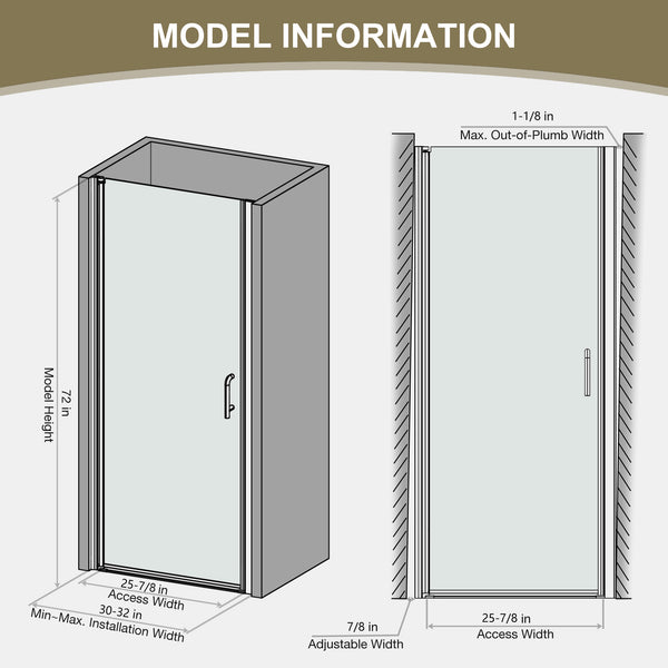 English Elm 30 in Semi-frameless Pivot Shower Door Tempered Glass Matte Black Steel Hardware W637P163758