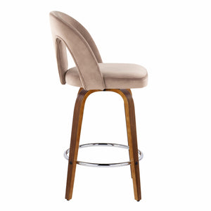 English Elm Fixed-height Swivel Counterstools Taupe Velvet Bentwood Walnut Legs Chrome Footrest Set B202S01796