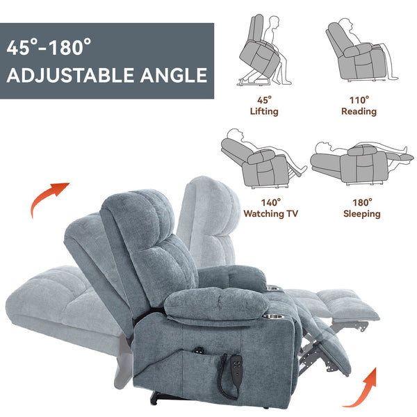English Elm Dual Motor Power Lift Recliner with Massage Heat and Leatherair Upholstery for Living Room Grey-Blue W3224P294319
