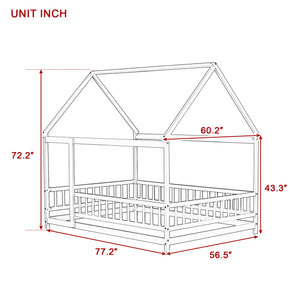 English Elm Twin House Shaped Floor Bed Solid Rubberwood Frame with Guardrails for Kids W504P370560