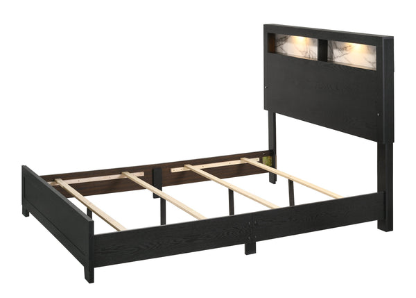 English Elm 1pc King Size Panel Bed with LED Backlit High Headboard and Built-in Shelving for Luxe Storage Black,White 82.4 L x 31.77 W x 5.94 H B2741P330100