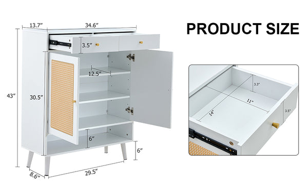 English Elm Modern white storage cabinet with vine rattan design, MDF shoe & bedside organizer, quick assembly, sleek decor W1151P151509