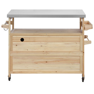 English Elm K&K Outdoor Kitchen Island Rolling Bar Cart with 1.2" Stainless Steel Top, Ample Storage, Wheels and Spice Rack Natural WF532198AAY