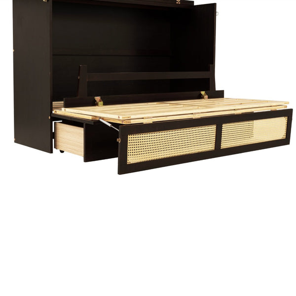 English Elm Queen Size Murphy Bed - Elegant Pine Cabinet With Rattan Accents, Espresso Finish & Storage Drawer W504S00230-GIGA
