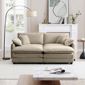 English Elm Two-Seater Theater Sofa With Ottoman – Retro-Inspired Tan Corduroy Comfort For Small Spaces! W714S00711-GIGA