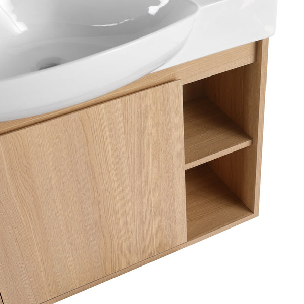 English Elm 26'' Wall-Mounted Bathroom Vanity with Glossy White Ceramic Sink, Soft-Close Door & Waterproof Finish Oak W999P310771