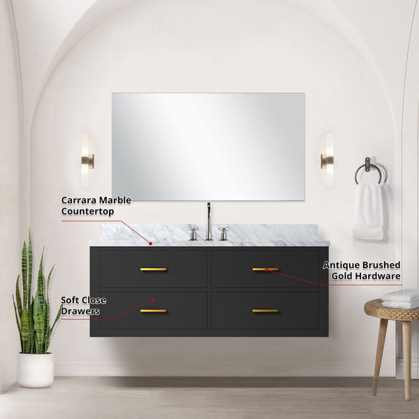 English Elm Black Single Bath Vanity Set – 48" W With Carrara Marble Top, Frameless Mirror & Chrome Faucet Included B2731S01995