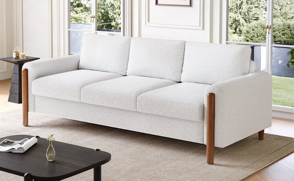 English Elm Christopher Knight Home® - 83.86" 3-Seater Sofa in Teddy Velvet with Curved Armrests & Solid Wood Legs, Plush Durable Comfort Cream White N765P331021W