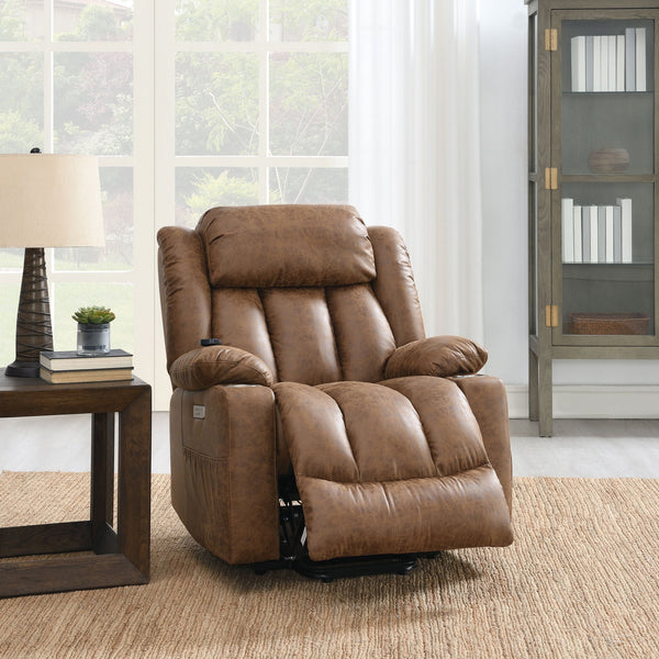 English Elm Pacay Faux Leather Aire Power Recliner with Lift, Heat & Massage, Pocket Coil Seat, Cup Holders Brown 35.1 L x 30.8 W x 30.4 H B2726P245483