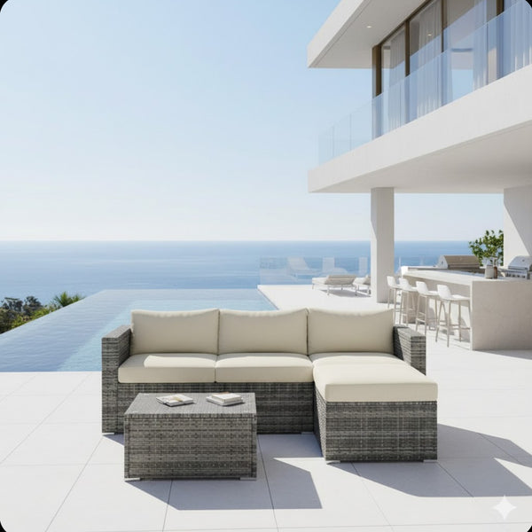 English Elm 5-piece Outdoor Modular Pe Rattan Wicker Patio Set with Tempered Glass Coffee Table Beige B082P455126
