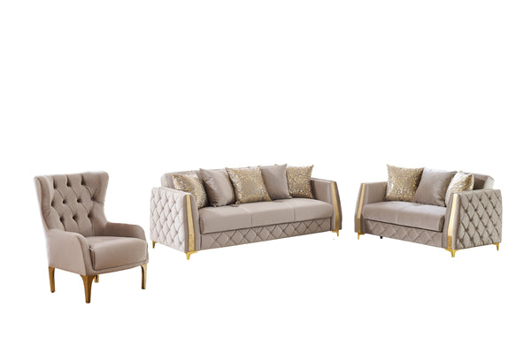 English Elm Lippa 3 Piece Quilted Tufted Living Room Set with Sleeper Storage and Gold Legs Taupe B009S02240