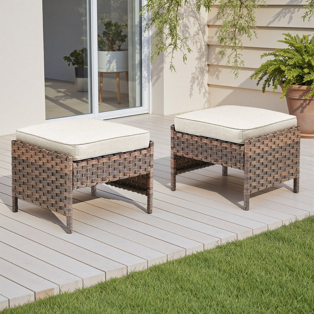 English Elm Outdoor Handwoven Pe Wicker Ottoman Set Rust Resistant Patio Footrests with Cushions Beige T3773P417376