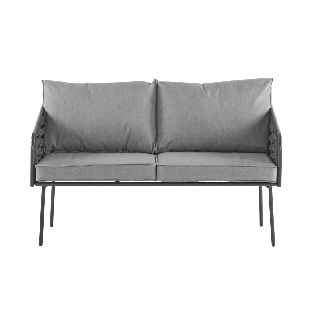 English Elm Christopher Knight Home® - 4-Pieces Outdoor Metal Patio Furniture Set with Deep-Seat Cushions, Teslin Rope, Wood-Look Tabletop, Rust-Resistant Frame Grey N780P2540701G