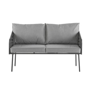 English Elm Christopher Knight Home® - 4-Pieces Outdoor Metal Patio Furniture Set with Deep-Seat Cushions, Teslin Rope, Wood-Look Tabletop, Rust-Resistant Frame Grey N780P2540701G