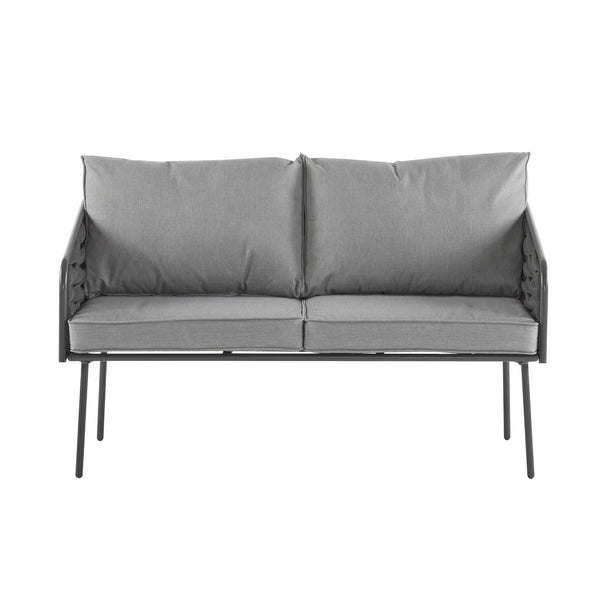 English Elm Christopher Knight Home® - 4-Pieces Outdoor Metal Patio Furniture Set with Deep-Seat Cushions, Teslin Rope, Wood-Look Tabletop, Rust-Resistant Frame Grey N780P2540701G