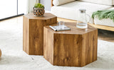 English Elm Modern Minimalist Set Of Two Hexagonal Wood-Grain Mdf Coffee Tables.Modern Mdf Coffee Table, With Complex Texture Patterns, Style and Texture Coffee Table To Redefine Your Interior Decoration.