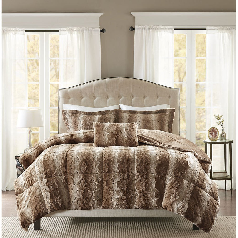 JLA Home Madison Park - 4PC Faux Fur Comforter Set Luxurious Reversible Plush Bedding OEKO‑TEX Hypoallergenic Machine Washable Tan MP10-3072