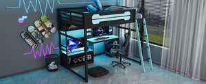 English Elm Full Size Gaming Loft Bed with Built-in Desk Led Lighting Usb Ports and Pegboard Black+Blue LT000270AAC
