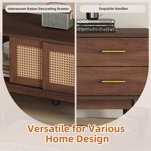 English Elm Mid Century Modern TV Stand with Rattan Sliding Doors, Solid Wood Legs, Drawers & Waterproof Top N710P257617P