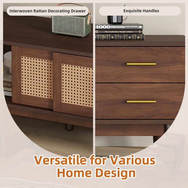 English Elm Mid Century Modern TV Stand with Rattan Sliding Doors, Solid Wood Legs, Drawers & Waterproof Top N710P257617P