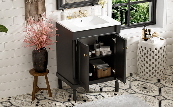 English Elm 24'' Modern Bathroom Vanity with Ceramic Basin, Solid Wood Frame, Soft-Close Doors, Ample Storage Black N710P190503B