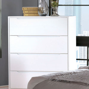 English Elm Modern Mid-Century Chest with Tapered Legs and Four Recessed-Handle Drawers, Sleek Storage Appeal White 37 L x 20 W x 44 H B2741P367991