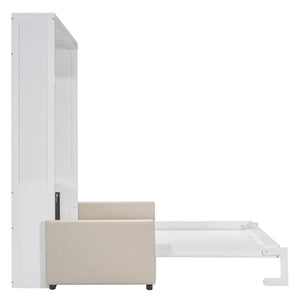 English Elm Queen Murphy Bed with Linen Cushion Sofa Folds Flat for Studio or Guest Room White LP000891AAK-1