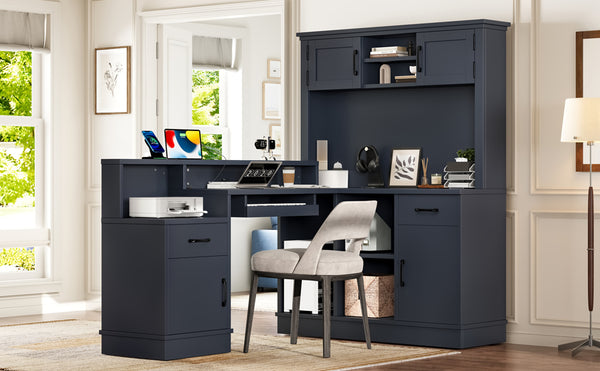 English Elm L-shaped Corner Computer Desk with Built-in Outlets Drawers and Open Shelving Storage W1580S00270