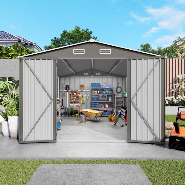 English Elm 10x14 Ft Galvanized Steel Outdoor Storage Shed with Lockable Doors and Vented Window W3213S00005