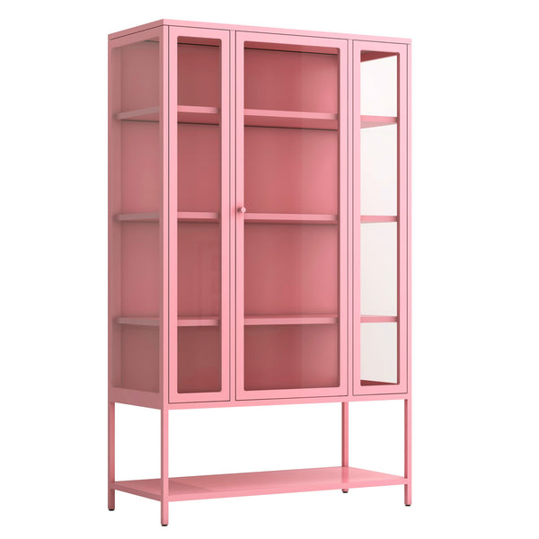 English Elm 67.25'' Tall Steel Curio Cabinet with Led Lighting and Tempered Glass Panels Pink SN845P263995P