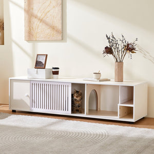 English Elm Modern Cream White TV Stand with Hidden Cat Litter Enclosure, Removable Sliding Door & Storage Elegance N843P254844C