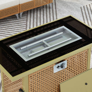 English Elm K&K 43" Propane Gas Fire Pit Table 60000 BTU Open Weave Wicker with Glass Wind Guard & Blue Stones orange-yellow N707P210158Z